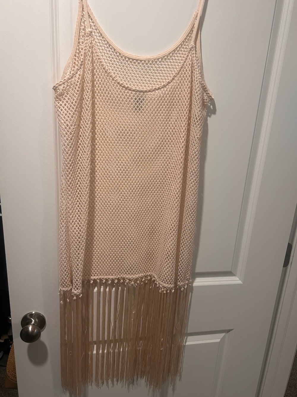 Women’s Crochet Fringe Slip Dress in Light Beige XL